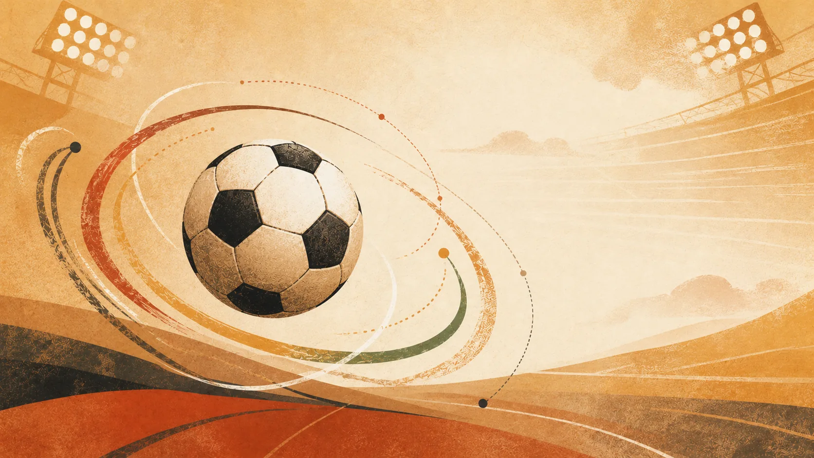 Ilustração editorial — bola de futebol em movimento sobre relvado de estádio com holofotes acesos ao entardecer, com arcos coloridos representando diferentes campeonatos