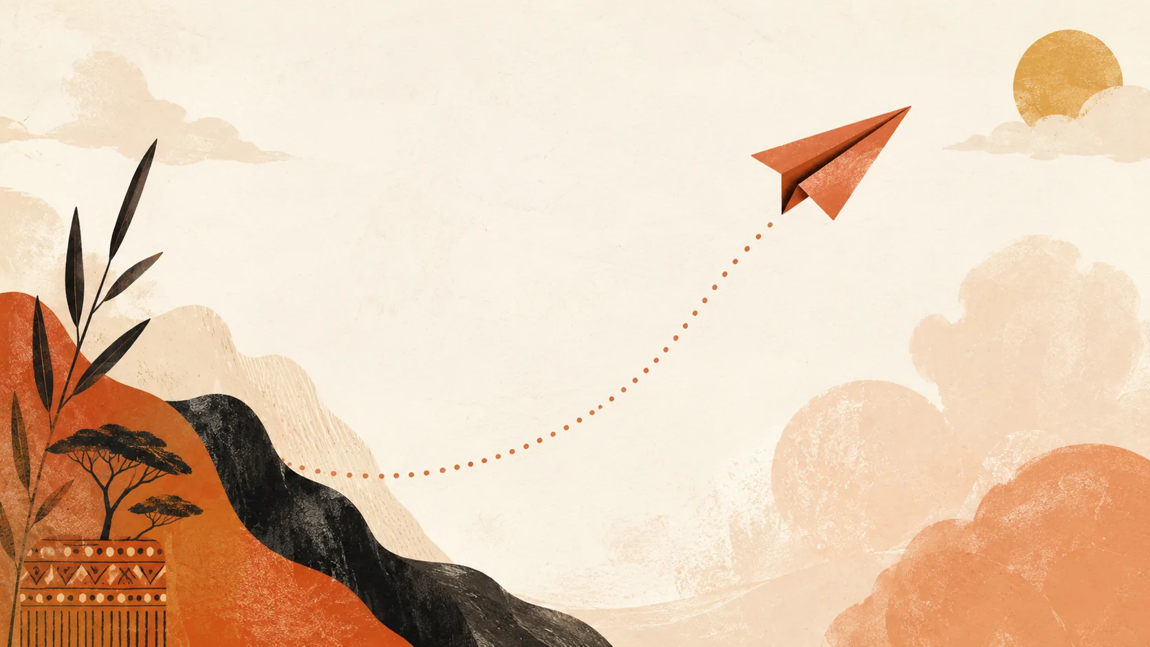 Ilustração editorial — avião de papel terracotta a voar sobre paisagem africana com acácia e baobá, deixando um rasto pontilhado ascendente, simbolizando o multiplicador do jogo Aviator