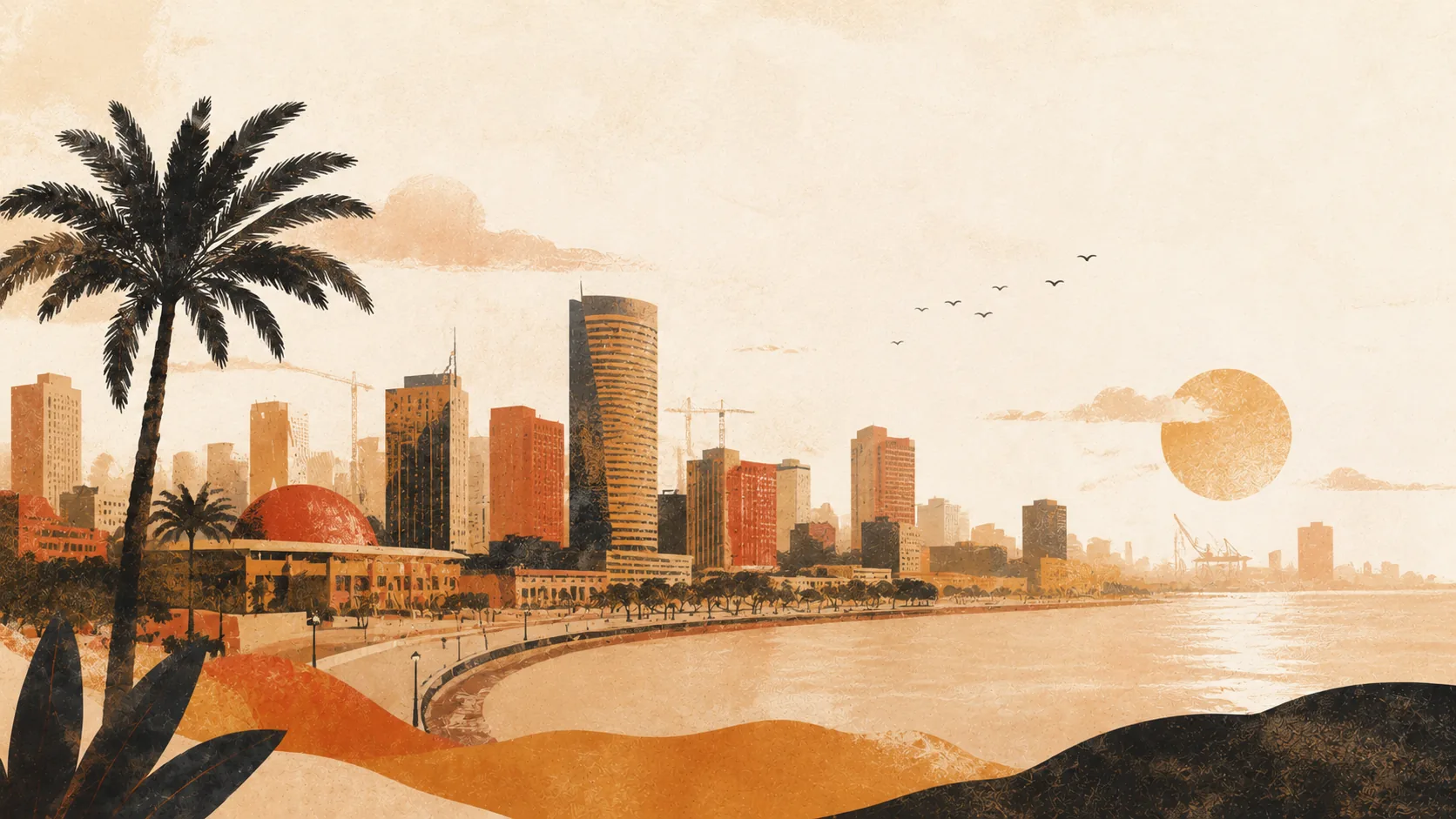 Ilustração editorial — vista da baixa de Luanda ao pôr do sol, com arranha-céus modernos, palmeira em primeiro plano e horizonte sobre o Atlântico, em tons quentes terracotta