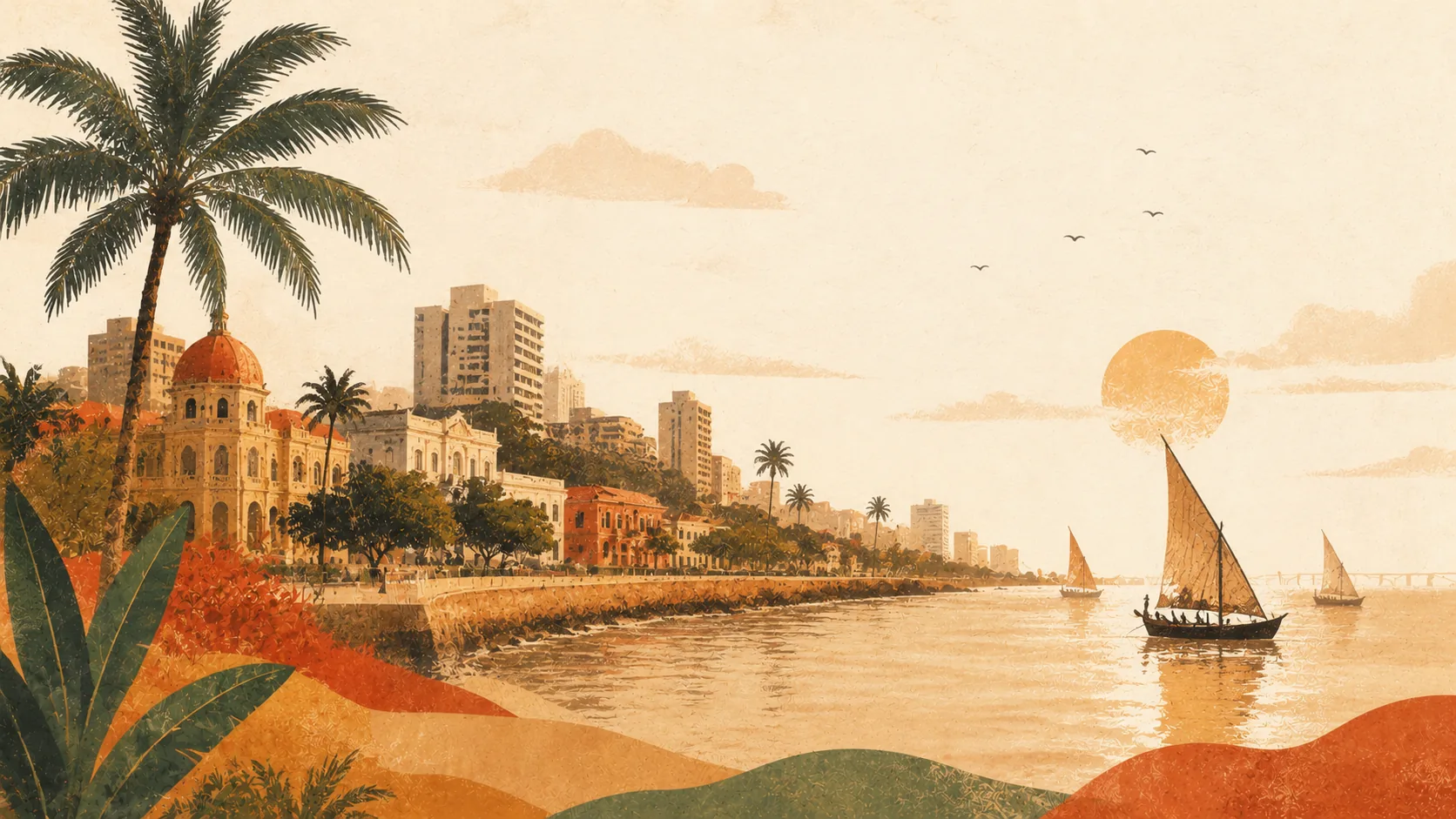 Ilustração editorial — baía de Maputo ao pôr do sol com palmeira em primeiro plano, arquitectura colonial-moderna e dhows tradicionais a navegar no Índico, em tons terracotta