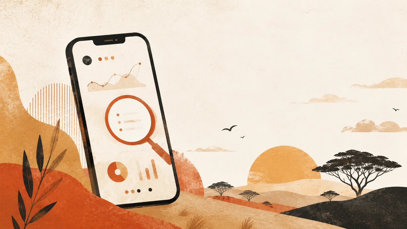 Ilustração editorial — smartphone num pôr do sol angolano com savana, acácias e baobás no horizonte, simbolizando análise honesta de apostas online em África lusófona