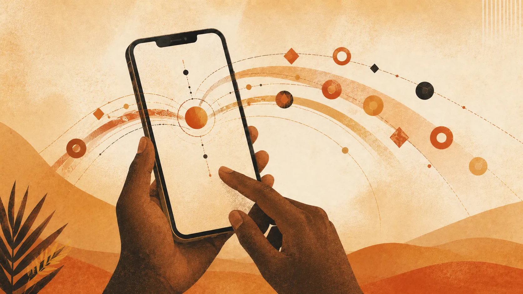 Ilustração editorial — smartphone segurado nas mãos com símbolos abstractos a orbitar à volta como moedas digitais, representando pagamentos móveis Multicaixa Express e M-Pesa