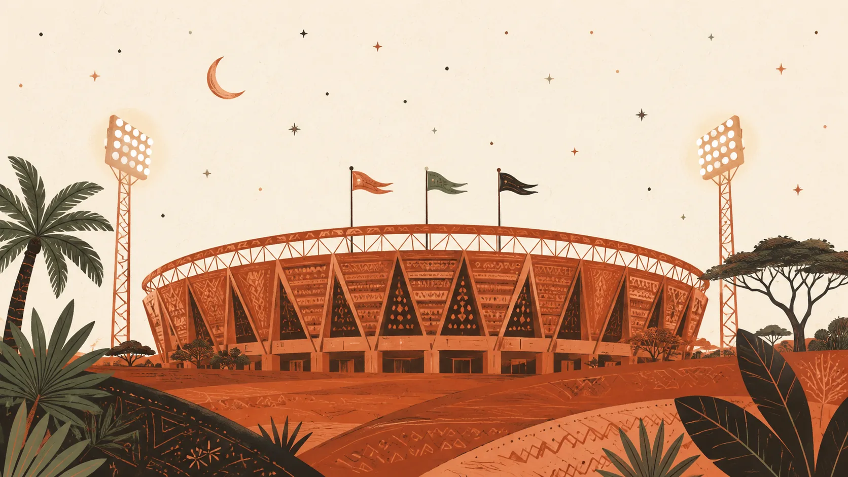Ilustração editorial — estádio de futebol estilizado sob céu nocturno com três bandeiras decorativas representando Quénia, Uganda e Tanzânia anfitriões da Taça das Nações Africanas 2027