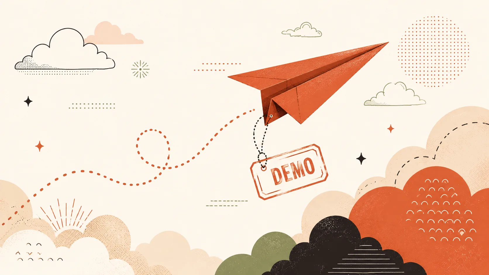 Ilustração editorial — avião de papel terracotta com etiqueta DEMO suspensa por linha pontilhada, voando sobre céu creme com nuvens decorativas, representando o modo demo gratuito do Aviator