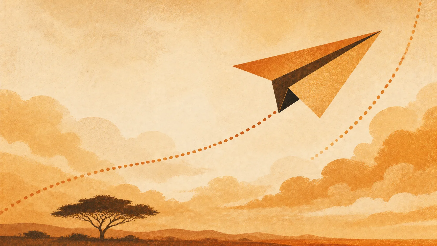 Ilustração editorial — avião de papel terracotta a subir através de nuvens douradas com rasto pontilhado, representando o multiplicador crescente do Aviator antes do crash