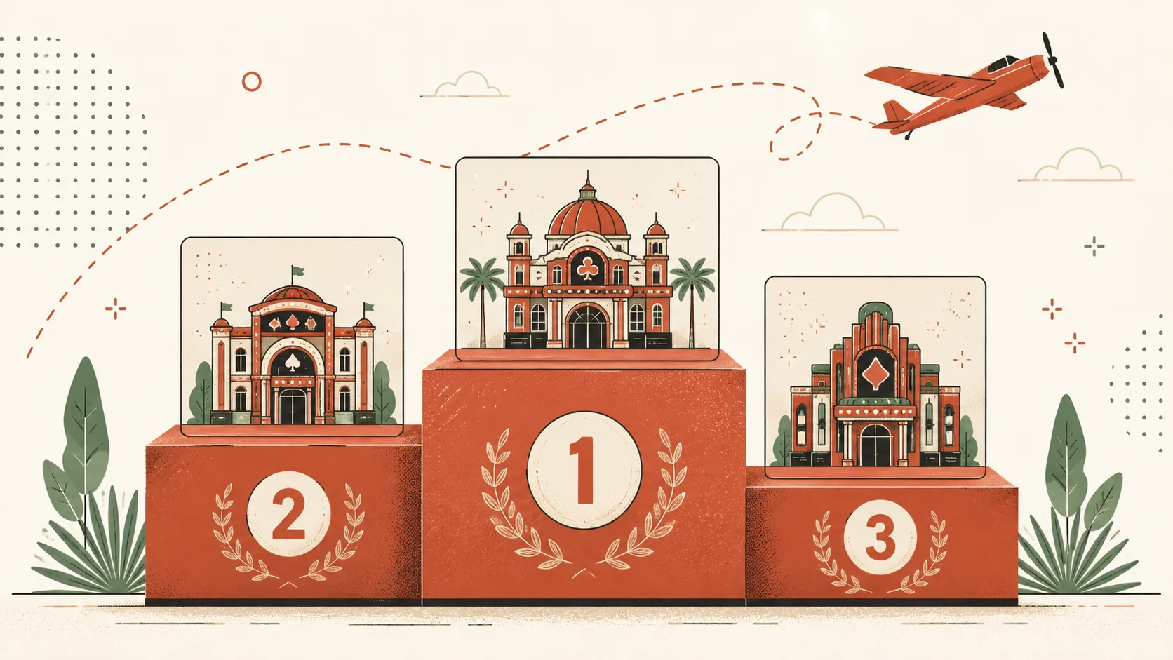 Ilustração editorial — pódio decorativo de três degraus com cartões estilizados de operadores no topo, representando o ranking das melhores casas para jogar Aviator em AO e MZ