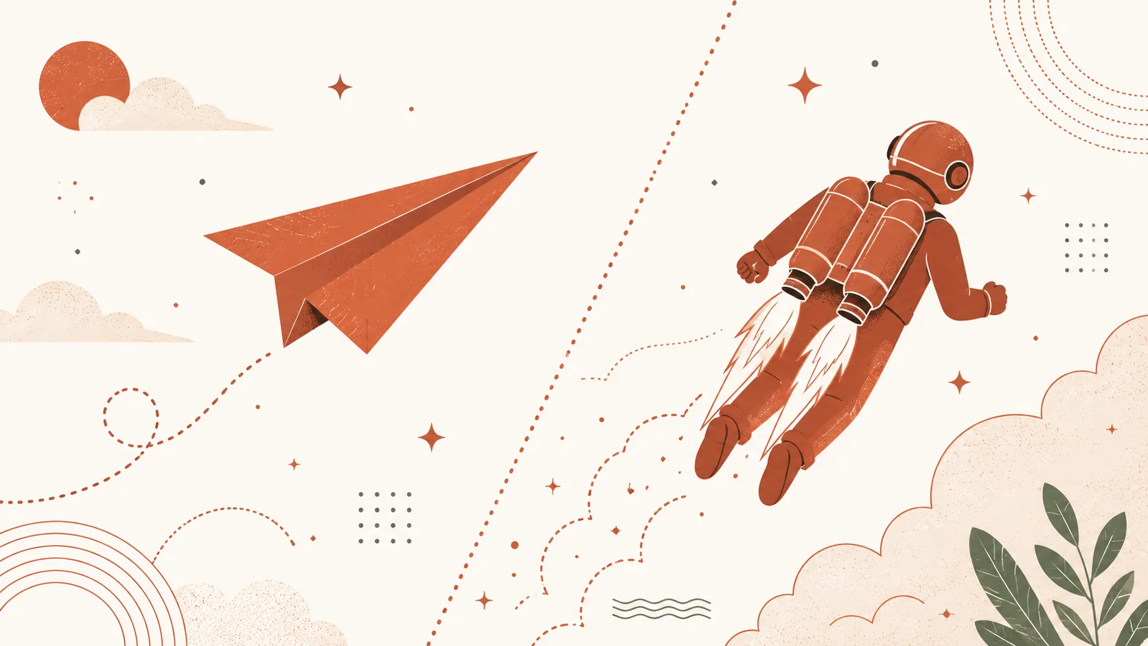 Ilustração editorial — composição split-screen com avião de papel terracotta de um lado e personagem com jetpack do outro, separados por linha diagonal pontilhada, comparando Aviator com Lucky Jet