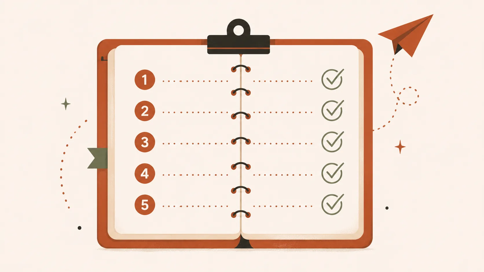 Ilustração editorial — bloco de notas aberto com checklist numerada de cinco passos e checkmarks verdes ao lado de avião de papel, guia para iniciantes em crash games