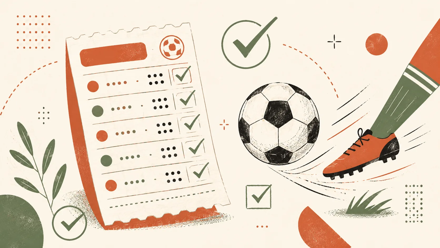 Ilustração editorial — bilhete de apostas com marcações pontilhadas ao lado de bola de futebol em movimento e checkmarks sage green, representando guia de apostas no futebol para iniciantes