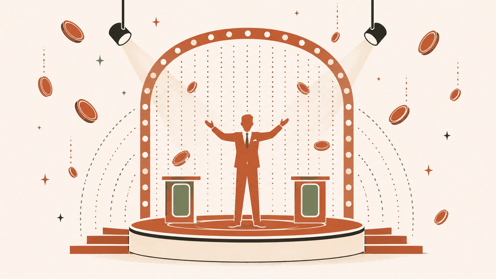 Ilustração editorial — palco de programa de TV com refletores e silhueta de apresentador com braços levantados, moedas a cair decorativas, representando o crash game Cash Show com bónus pop-up