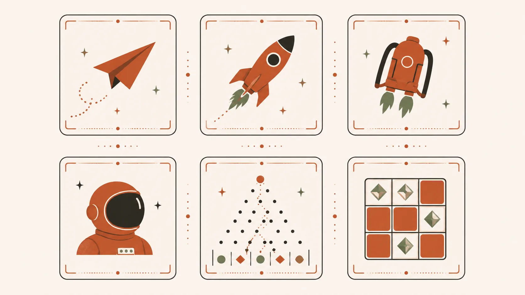 Ilustração editorial — grelha 2x3 de seis cartões decorativos com ícones distintivos para diferentes crash games, representando comparação de Aviator, Lucky Jet, JetX, Spaceman, Plinko e Mines