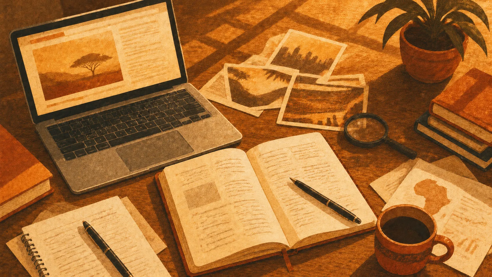 Ilustração editorial — vista aérea de secretária de jornalista com portátil, caderno aberto com notas manuscritas, chávena de café, lupa e fotografias espalhadas, representando o processo editorial cuidado do BaobáBet