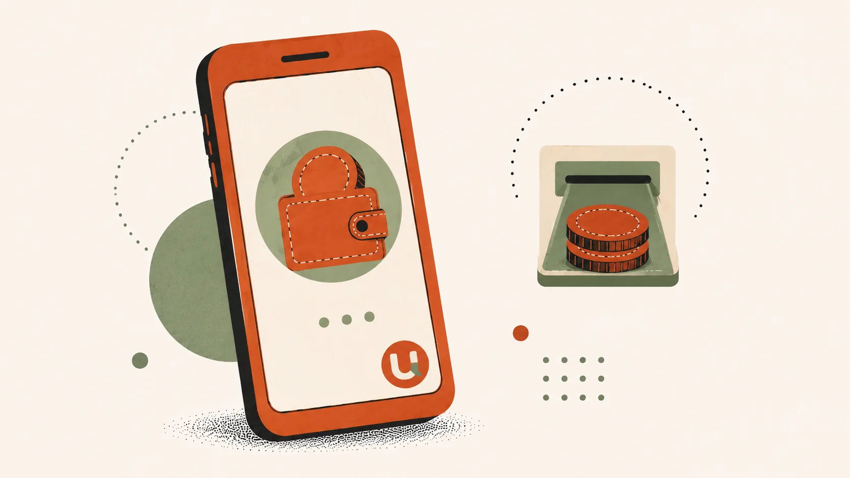 Ilustração editorial — smartphone terracotta com ícone de moeda no ecrã e seta de transferência para silhueta de operador, representando pagamento E-Mola Movitel em casas de apostas