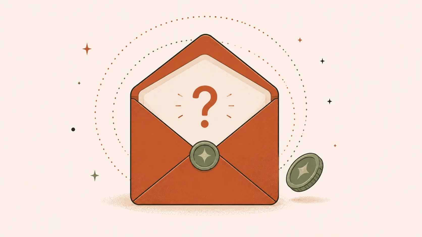 Ilustração editorial — envelope aberto vazio com símbolo de interrogação terracotta no interior e moeda solitária, representando a raridade de bónus genuínos sem depósito