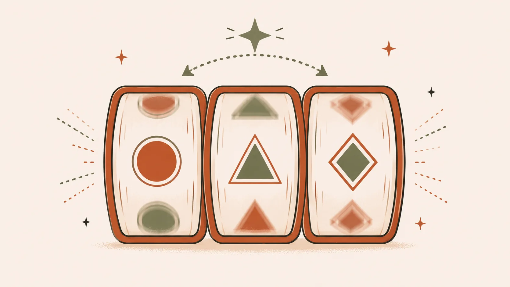 Ilustração editorial — três rolos verticais de slot machine com símbolos decorativos a girar e estrela sage green indicando rondas grátis, representando promoções de free spins em slots