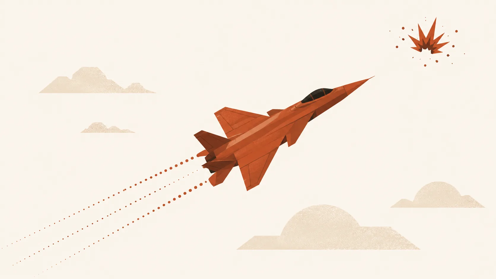 Ilustração editorial — jacto militar estilizado em terracotta voando diagonalmente sobre céu creme com rasto pontilhado e marca de explosão decorativa, representando o crash game JetX da SmartSoft