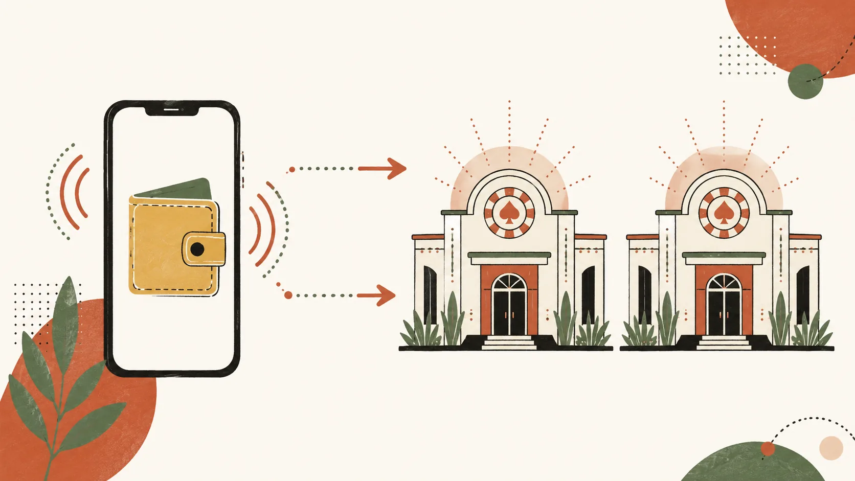 Ilustração editorial — pilha de moedas terracotta com símbolo Kz decorativo em primeiro plano e silhueta de casino atrás, representando casinos operando em kwanza angolano nativo