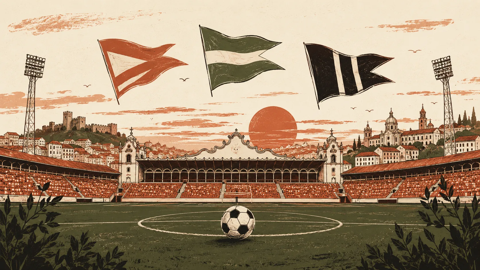 Ilustração editorial — estádio português ao pôr-do-sol com arquitectura ibérica e três bandeiras decorativas representando os três grandes clubes portugueses