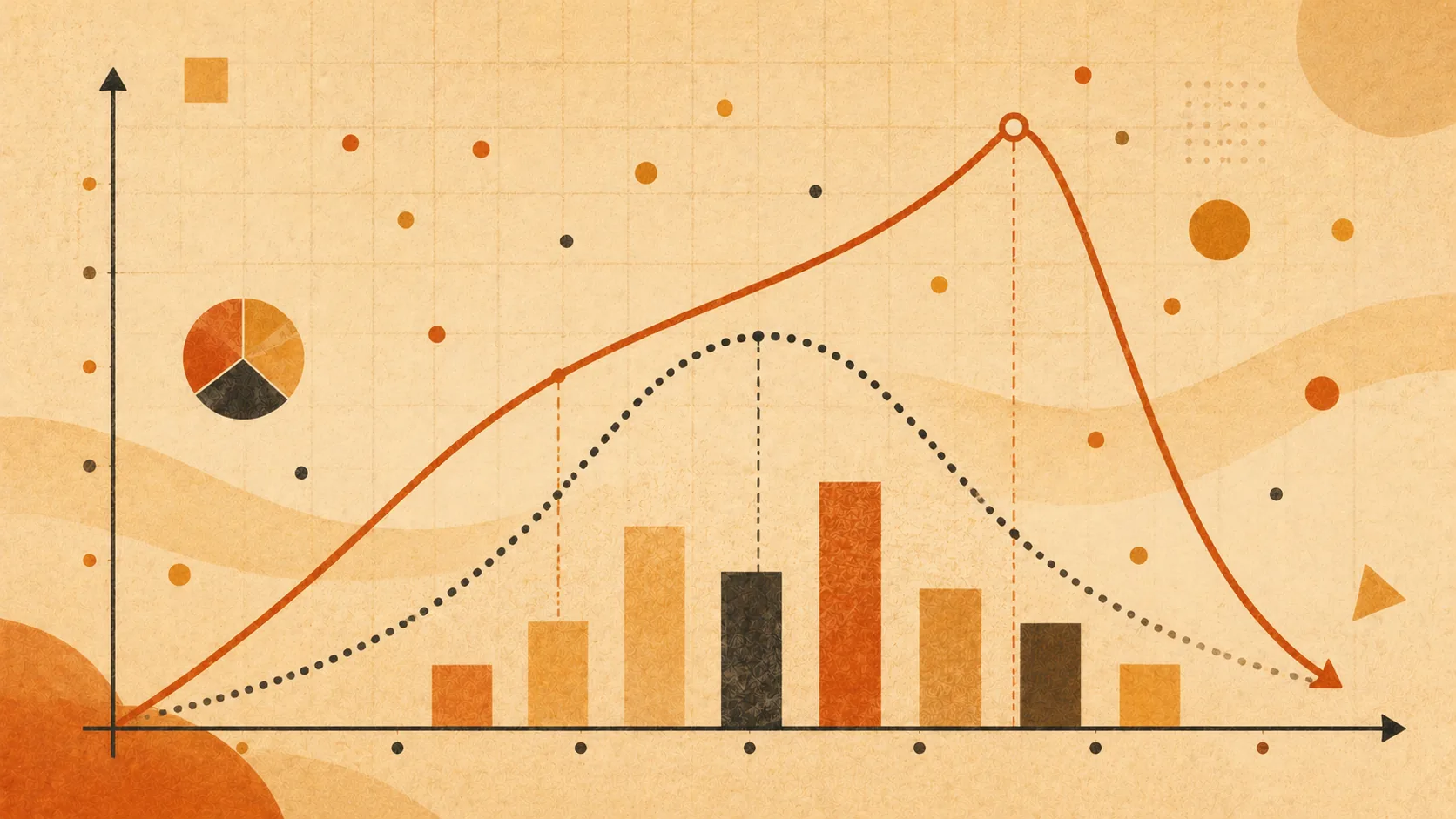 Ilustração editorial — gráfico de probabilidade com curva sinusoidal, barras de distribuição e curva normal pontilhada, representando o conceito matemático de RTP 97% e house edge