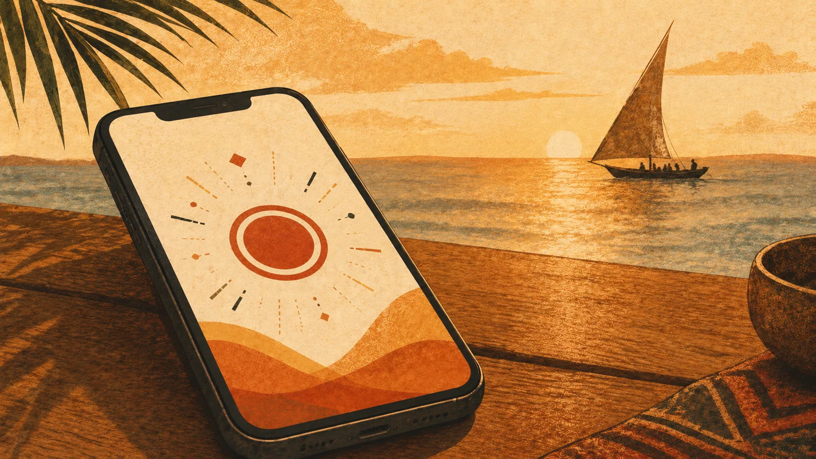 Ilustração editorial — smartphone numa mesa de madeira ao pôr do sol sobre o Índico, com dhow tradicional moçambicano no horizonte, representando depósitos via M-Pesa Vodacom em casinos online