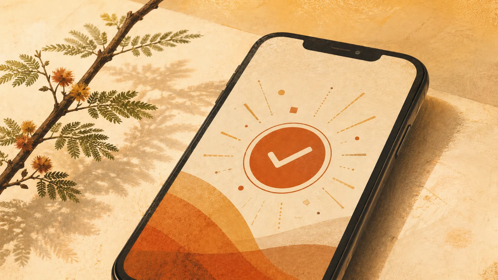 Ilustração editorial — smartphone com ícone de confirmação ✓ no ecrã, irradiando linhas douradas, ao lado de ramo de acácia, representando a confirmação instantânea de pagamentos Multicaixa Express em casinos angolanos