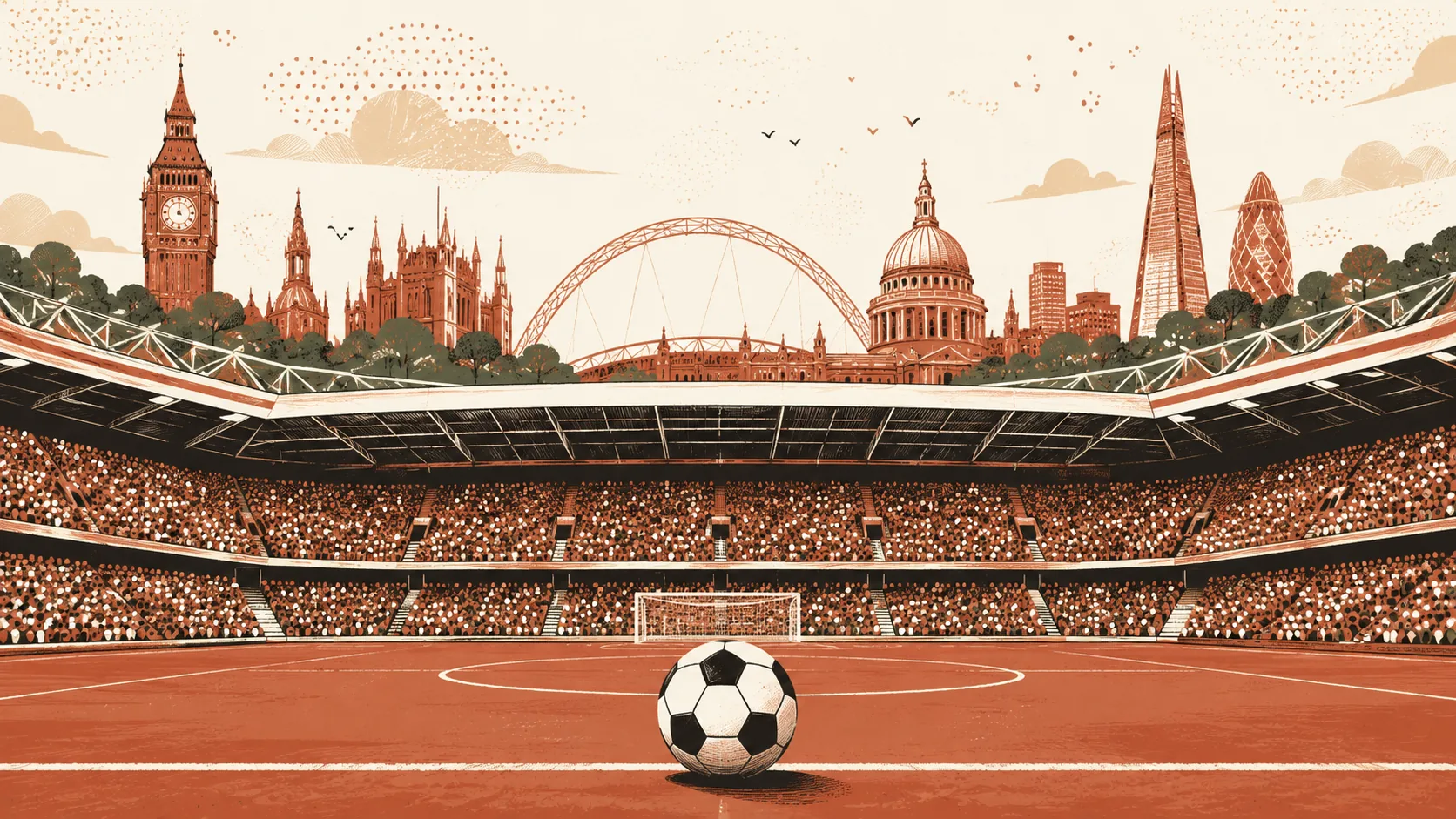 Ilustração editorial — estádio inglês com arquitectura britânica característica, multidão sugerida em tipografia decorativa e bola de futebol em primeiro plano, representando atmosfera da Premier League