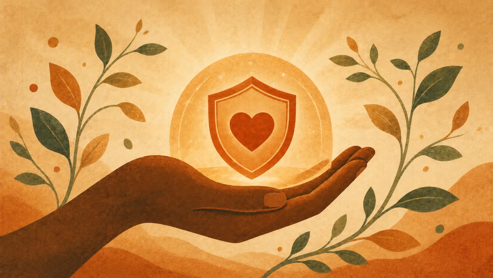 Ilustração editorial — mão aberta a segurar escudo terracotta com coração no centro, rodeada por folhas verdes e luz dourada, representando apoio confidencial e protecção para jogadores em dificuldades