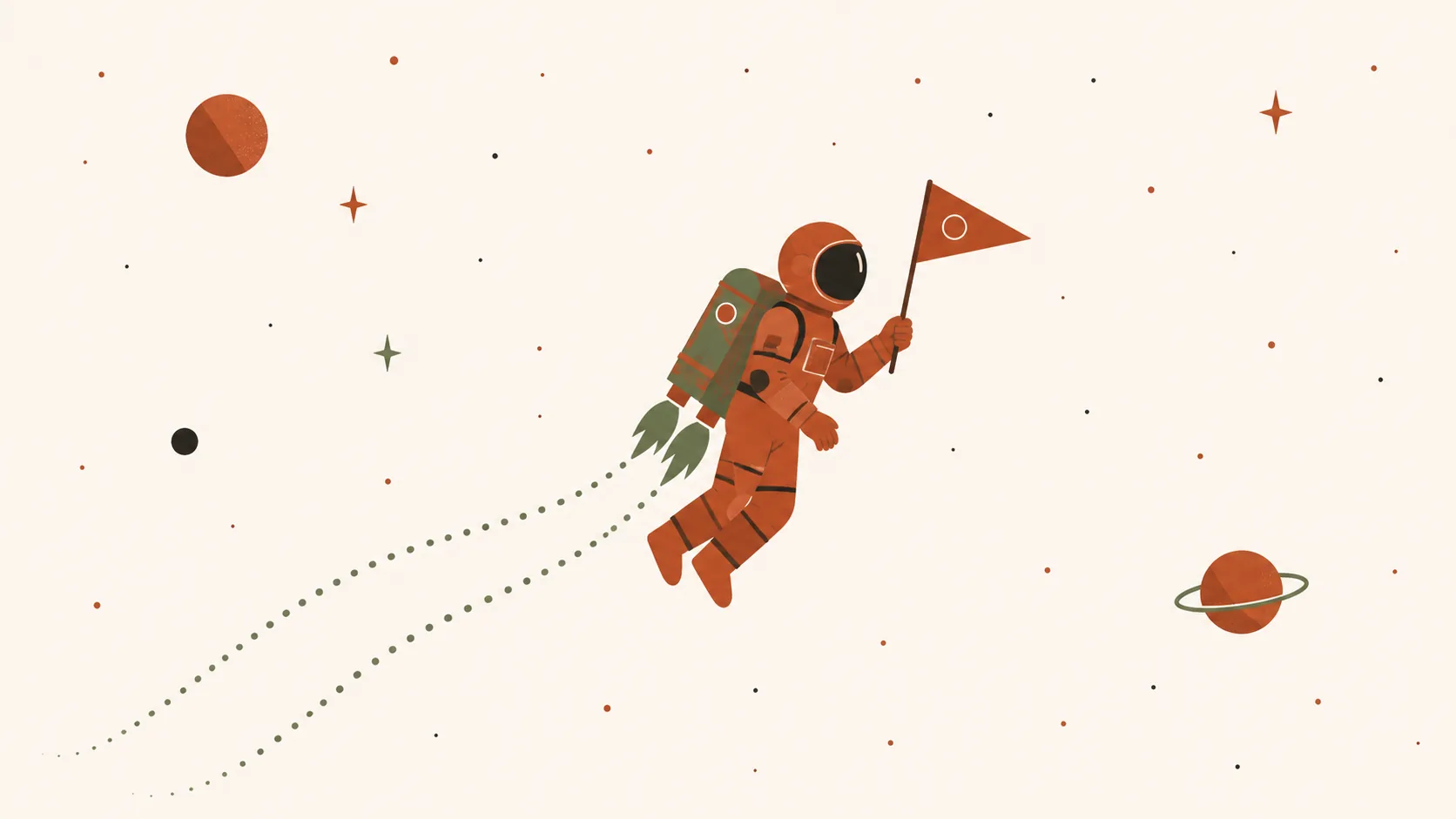 Ilustração editorial — astronauta estilizado segurando bandeira decorativa em espaço estrelado com jetpack verde sage, representando o crash game Spaceman da Pragmatic Play